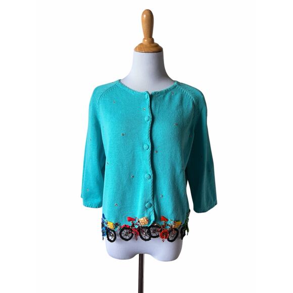 Michael Simon Sweaters - VTG Y2k Unique Funky Michael Simon Hanging Beaded Bicycles 3/4 Sleeve Cardigan